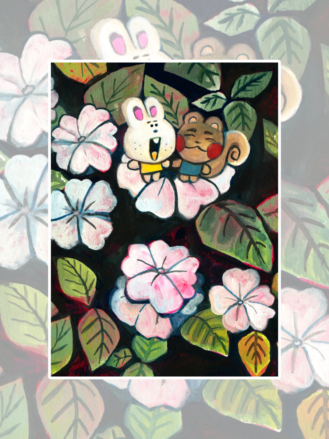 BUNNY+ SQUIRREL WITH FLOWERS  - 5X7 PRINT