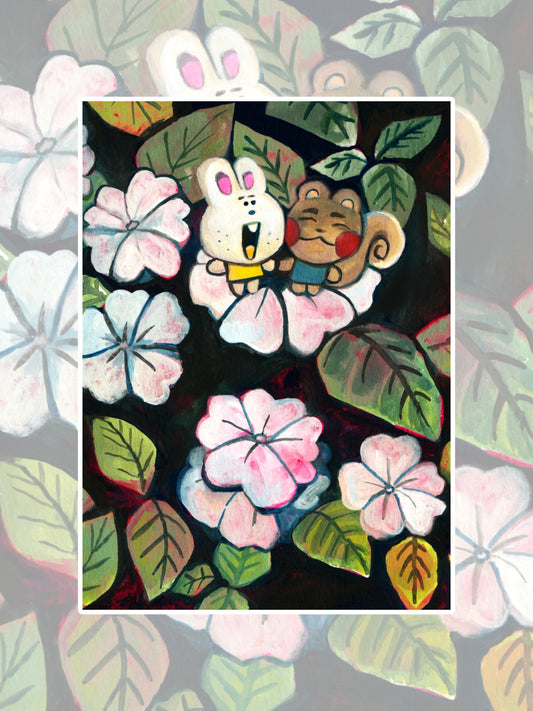 BUNNY+ SQUIRREL WITH FLOWERS  - 5X7 PRINT